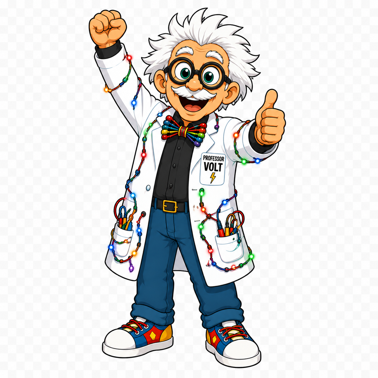 Professor Volt celebrating a finished circuit